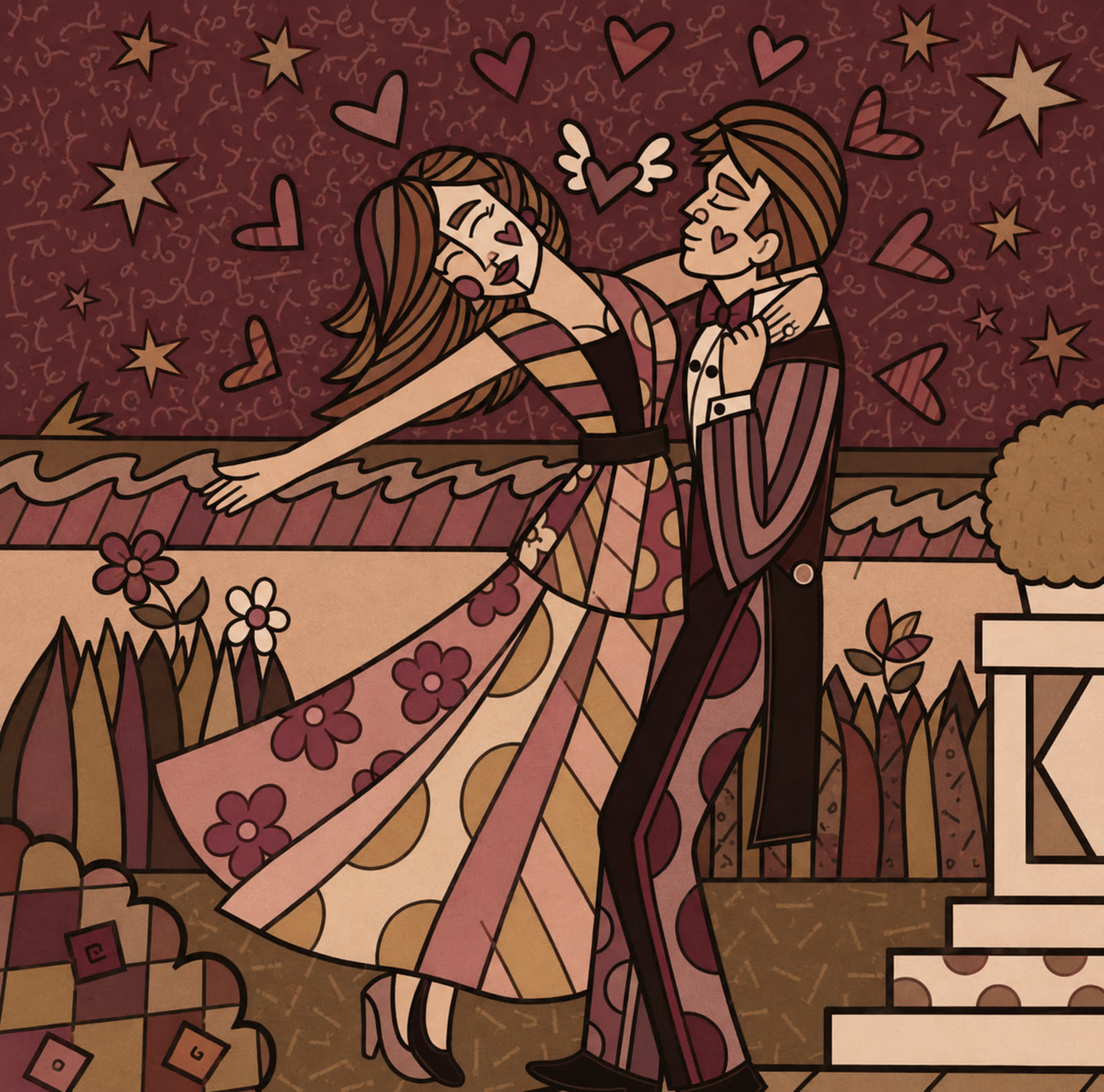 Casal dançando em arte de mosaico nas cores da marca